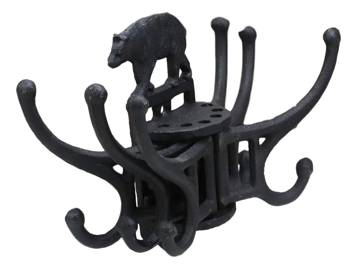 Ebros Cast Iron Rustic Forest Black Bear Free Spinning Movable Hanging Wall Hooks 9" Wide Western Bears Themed Mount Hook for Coats Hats Keys Leashes Backpacks Cabin Lodge Country Accent Decor