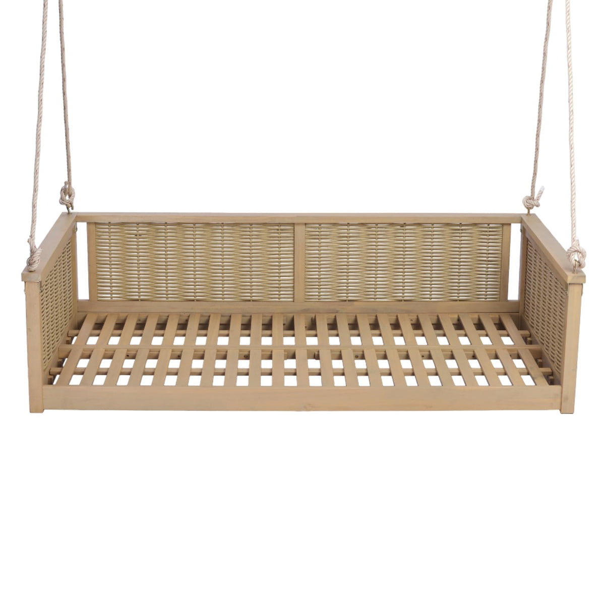 Outdoor Twin Size Porch Swing Bed w/Solid Wood Frame for Garden, All Weather Wooden Swing Bench w/Hand Woven Rattan Backrest & Armrest for Patio, Deck, Balcony, Backyard (Light Teak)