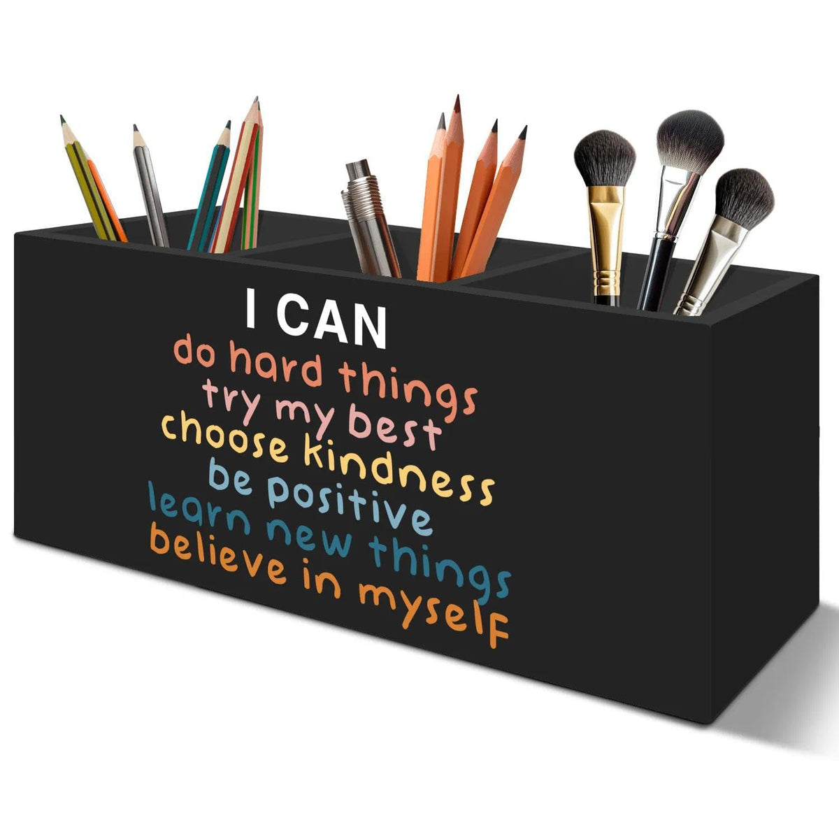LIANGEAGOM Inspirational Pen Pencil Holder Organizer for Desk Accessories, Boho Classroom Decor, I Can Do Hard Things Motivational Wooden Box Signs Decorations for Counseling Office Desk Tabletop