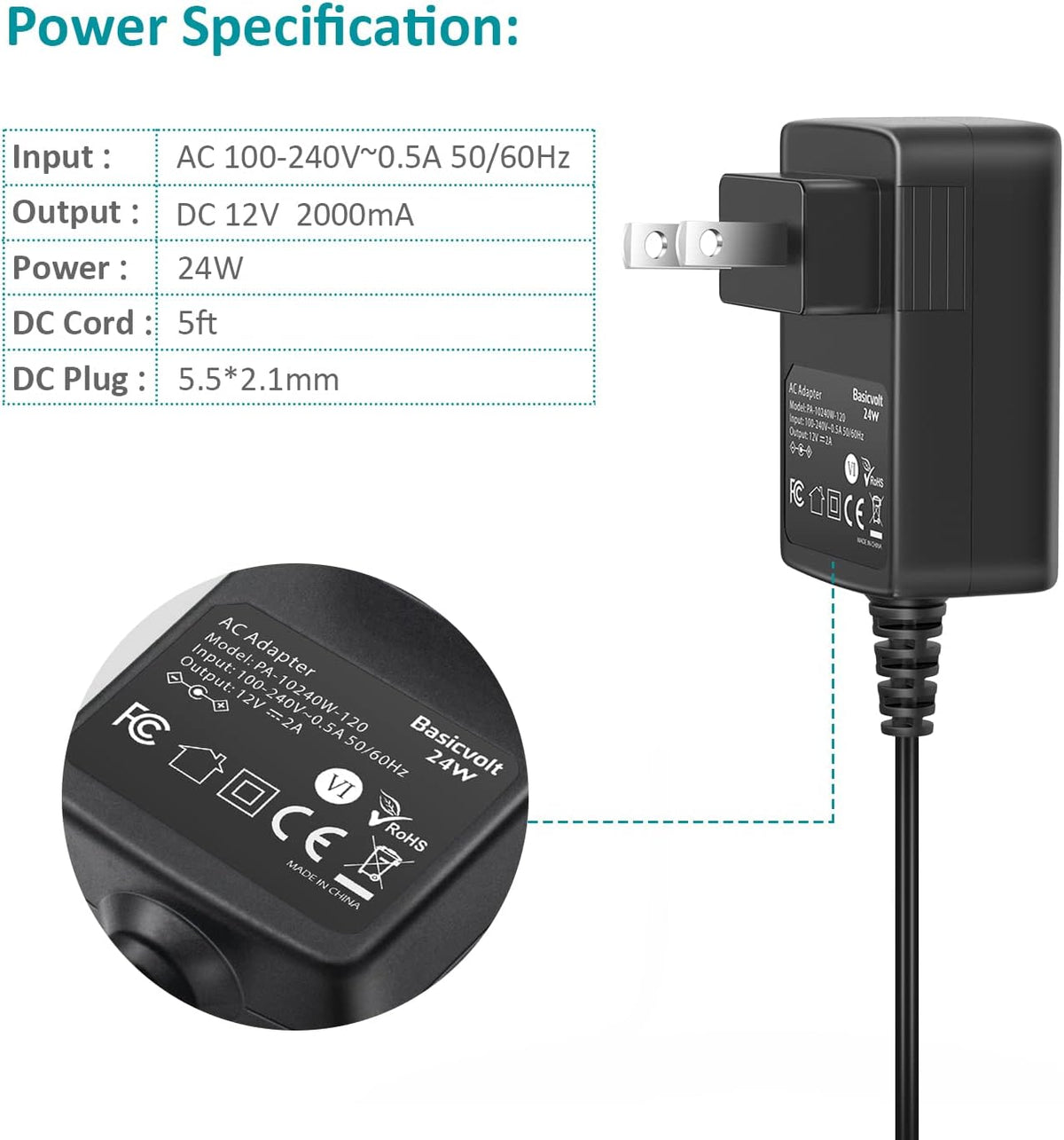 Basicvolt 12V 2A 12 2 1.5A 1A 500ma 300ma Universal AC Adapter DC Power Supply Center Positive Volt Amp Charger Power