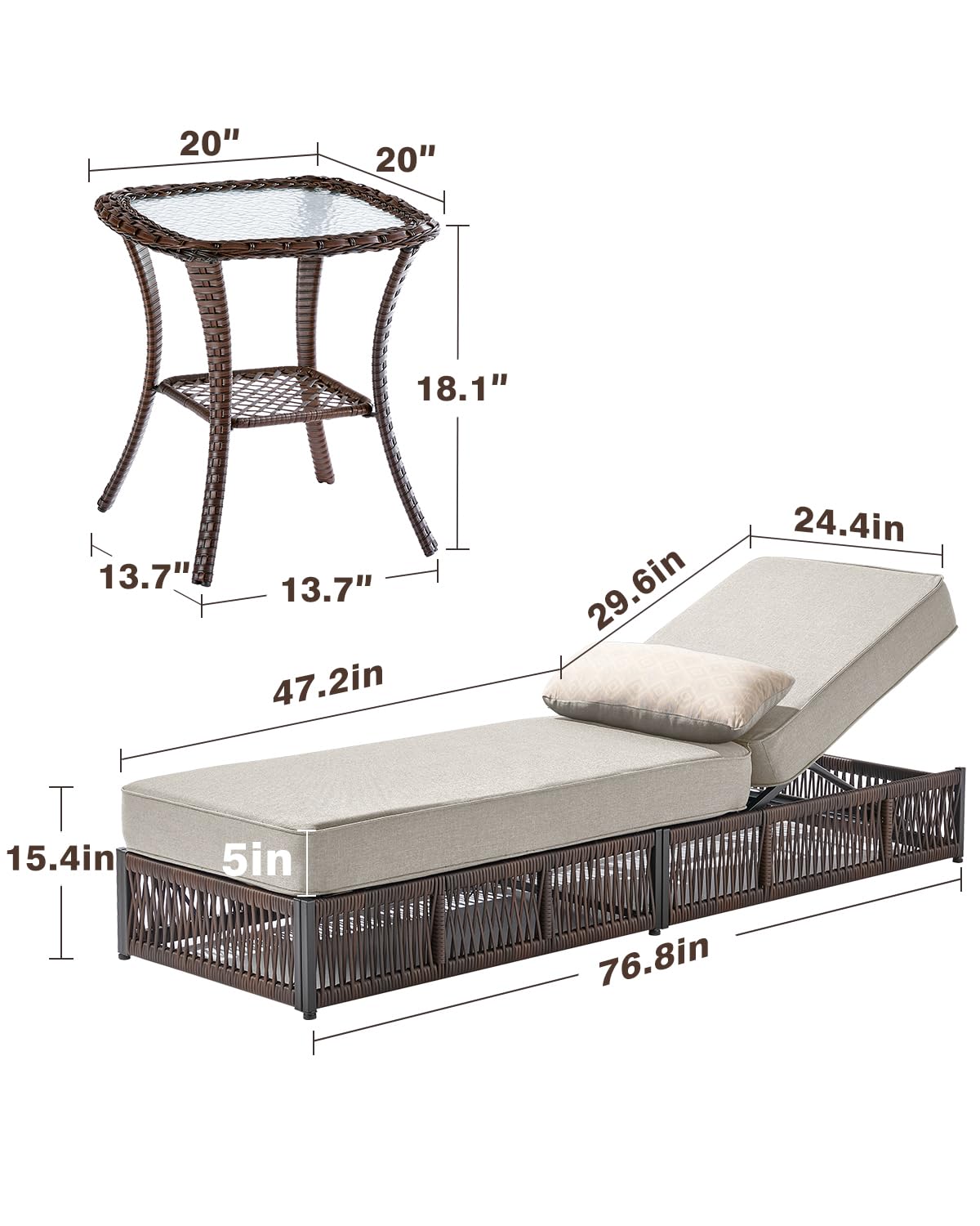 ACTREST Luxury Outdoor Chaise Lounge Chairs of 4 with 5 Inch Thick Cushions and Side Table - 6 PCS High Back Brown Wicker Rattan Patio Recliners Lounger Furniture Set for Poolside Sunbathing - Beige