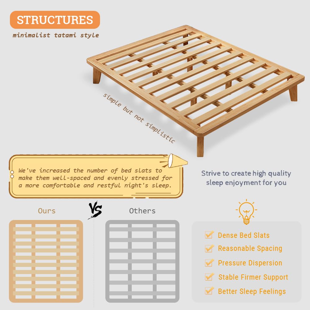NELYE King Platform Bed Base - 14 Inch Solid Wood Mattress Foundation with Support Slats and Legs, King-Size Rubberwood Simple Bed Frame