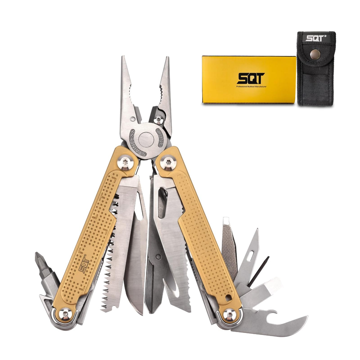 SQT2048 20-in-1 Multitool, Foldable & Self-Locking, Professional Tool for DIY, Home Repairs, Outdoor Camping – Must-Have Gifts for Men, Compact, Durable, All-in-One Tool for Every Task, Gold