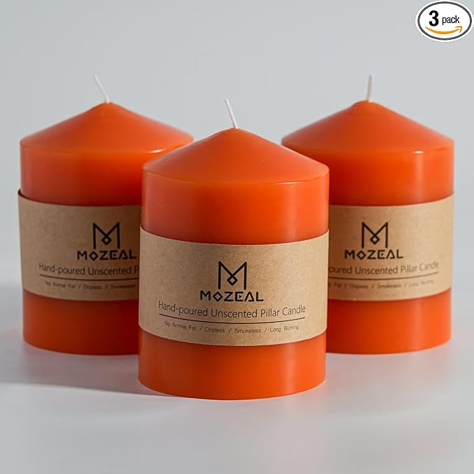 MOZEAL 3" x 4" Hand-Poured Unscented Orange Pillar Candles,Dripless Candles Set of 3,Smokeless,Clean Burning,Approx 60 Hours Burn Time,Thanksgiving,Halloween,Fall and Home Decor（3 Inch Width Series）