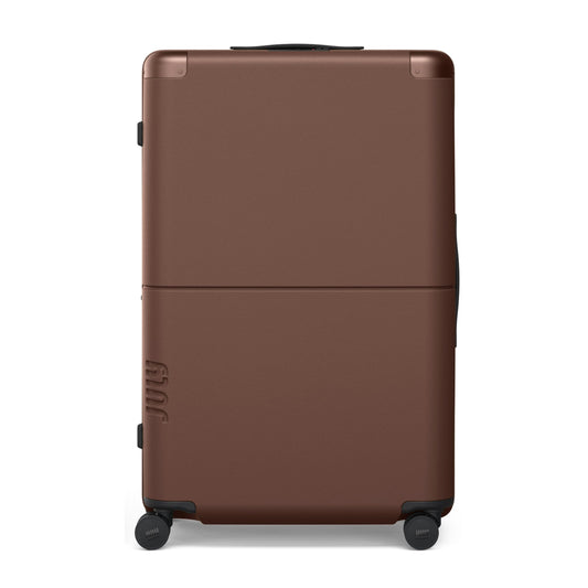 July Checked Plus Expandable - 28.75" Airline Approved Check In Luggage with Wheels, Rolling Suitcase for Men & Women - TSA Lock, Silent Spinner Wheels, Expansion Zip, Y-Strap - Dark Brown