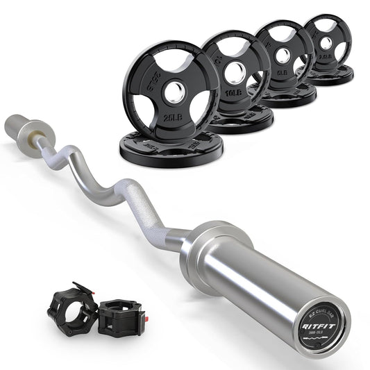 RitFit 2 Inch EZ Curl Bar with Weights, 350LBS Capacity Olympic Barbell for Bicep & Triceps, Home Gym Strength Training,with 85LBweights