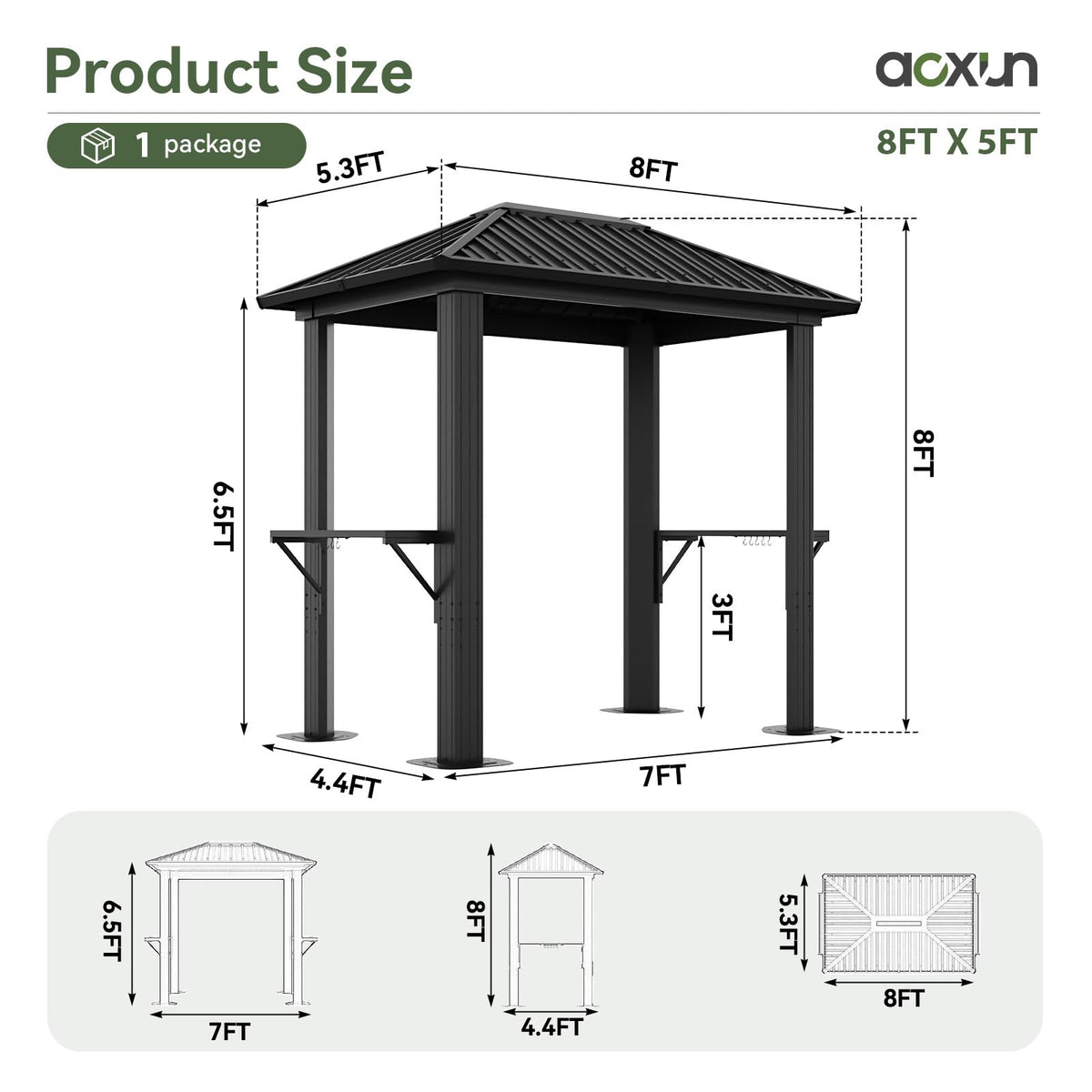 Aoxun Grill Hardtop Gazebo 5 x 8 FT, Outdoor Metal Hard Top Gazebo, Permanent BBQ Pavilion with Galvanized Steel Roof, Aluminum Pavilion with Shelves for Lawn, Garden, Patio, Backyard