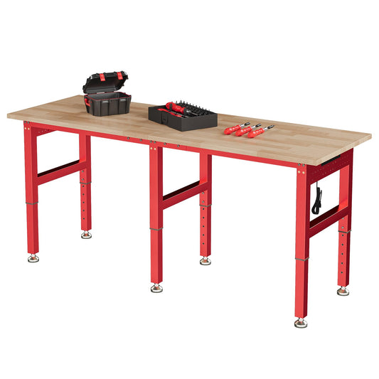 SPECRAFT 72" Red Adjustable Heavy Duty Workbench with 4 AC Outlet and 2 USB Ports Power Outlets, 6000 Lbs Capacity, Rubber Wood Top for Garage, Workshop, Office
