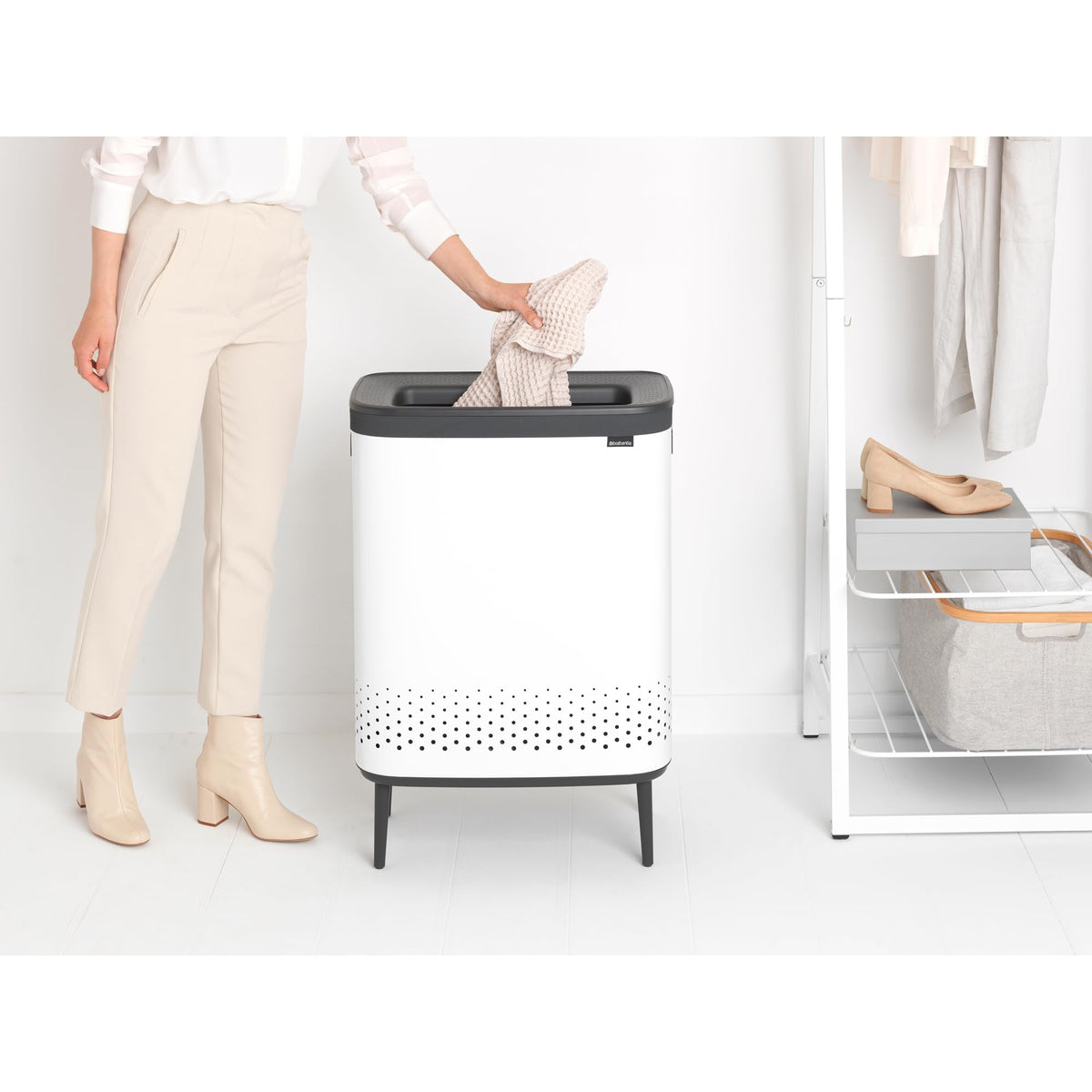 Brabantia Bo Laundry Hamper Hi (White) 2 Compartment Removable Laundry Bag 2 x 12 Gal, Ventilated Stylish Dirty Clothes Holder, Flat Back, Off-the Ground, Anti-Rust Materials for Bathroom Use