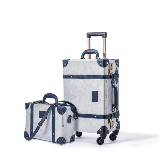 UNIWALKER 2-Piece Vintage Carry-on Luggage Set, Retro Leather Suitcase with Cosmetic Train Case for Women(Velvet Grey, 20''+12'')