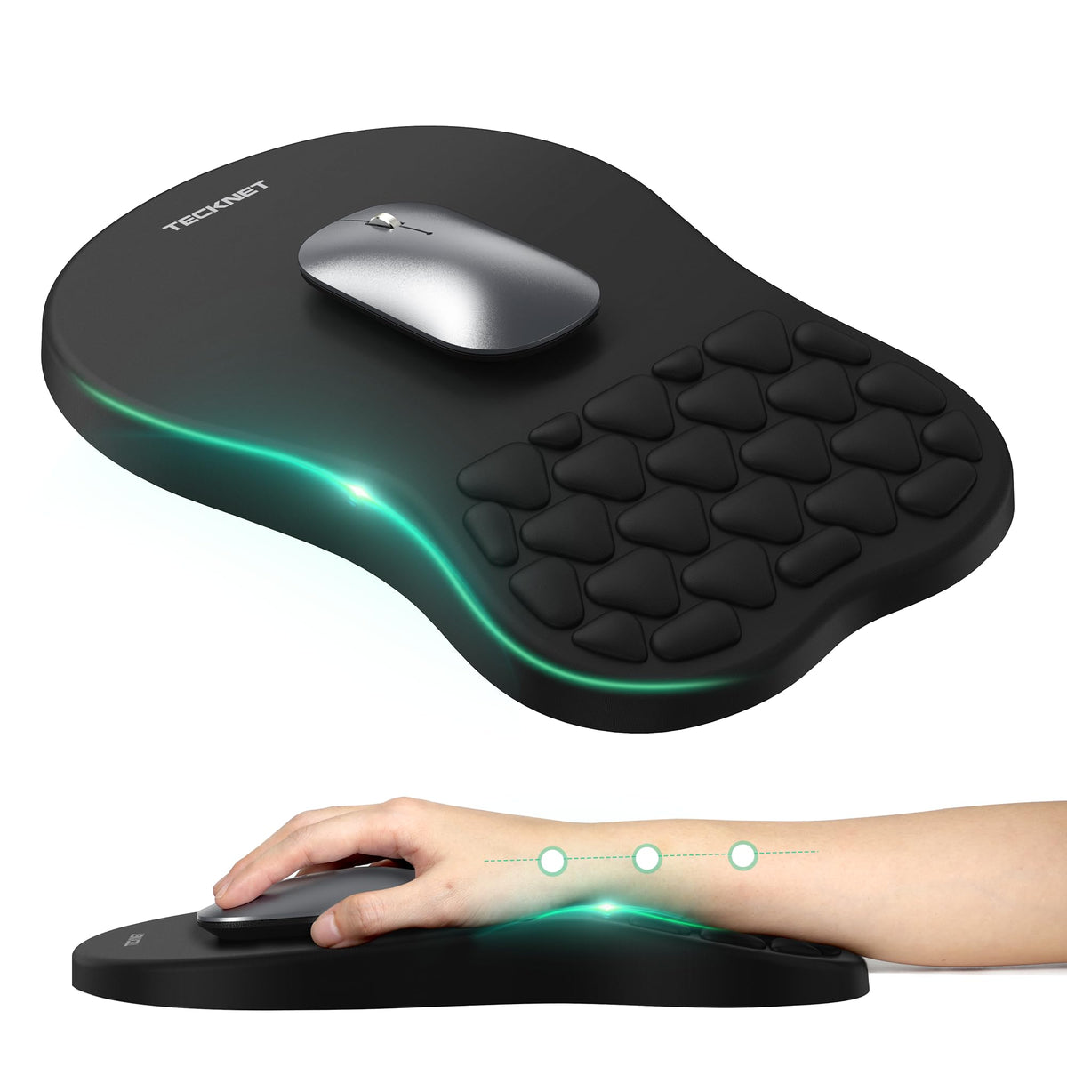 TECKNET Ergonomic Mouse Pad with Wrist Rest, Soft Mousepad with Massage Design, Memory Foam and Non-Slip PU Base for Pain Relief, Gaming Mouse Pad for Desk, Home, Office, 12x8 Inches, Black