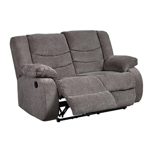 Signature Design by Ashley Tulen Reclining Loveseat, Dual-sided Recliner, Pull Tab Reclining Motion, Fabric Upholstery, 63" W x 40" D x 40" H, Dark Gray