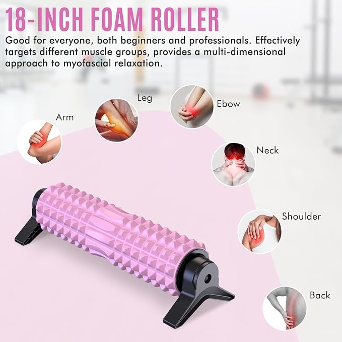 Trigger Point Foam Roller with Stand, 18 Inch Medium Density Foam Roller Long Yoga Roller Foam Exercise Roller for Physical Therapy, Muscles Deep Tissue, Pilates, Back Pain and Muscle Recovery (Pink)