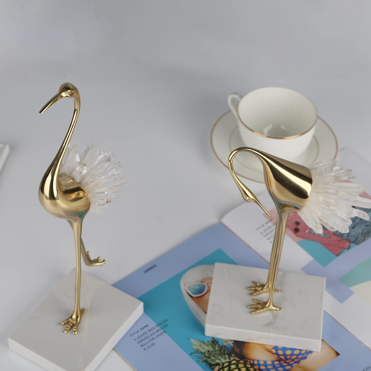 suruim Elegant Gold Crane Bird Statues with Crystal Tail Accents, Decorative Brass Figurines for Home Decor (White B)