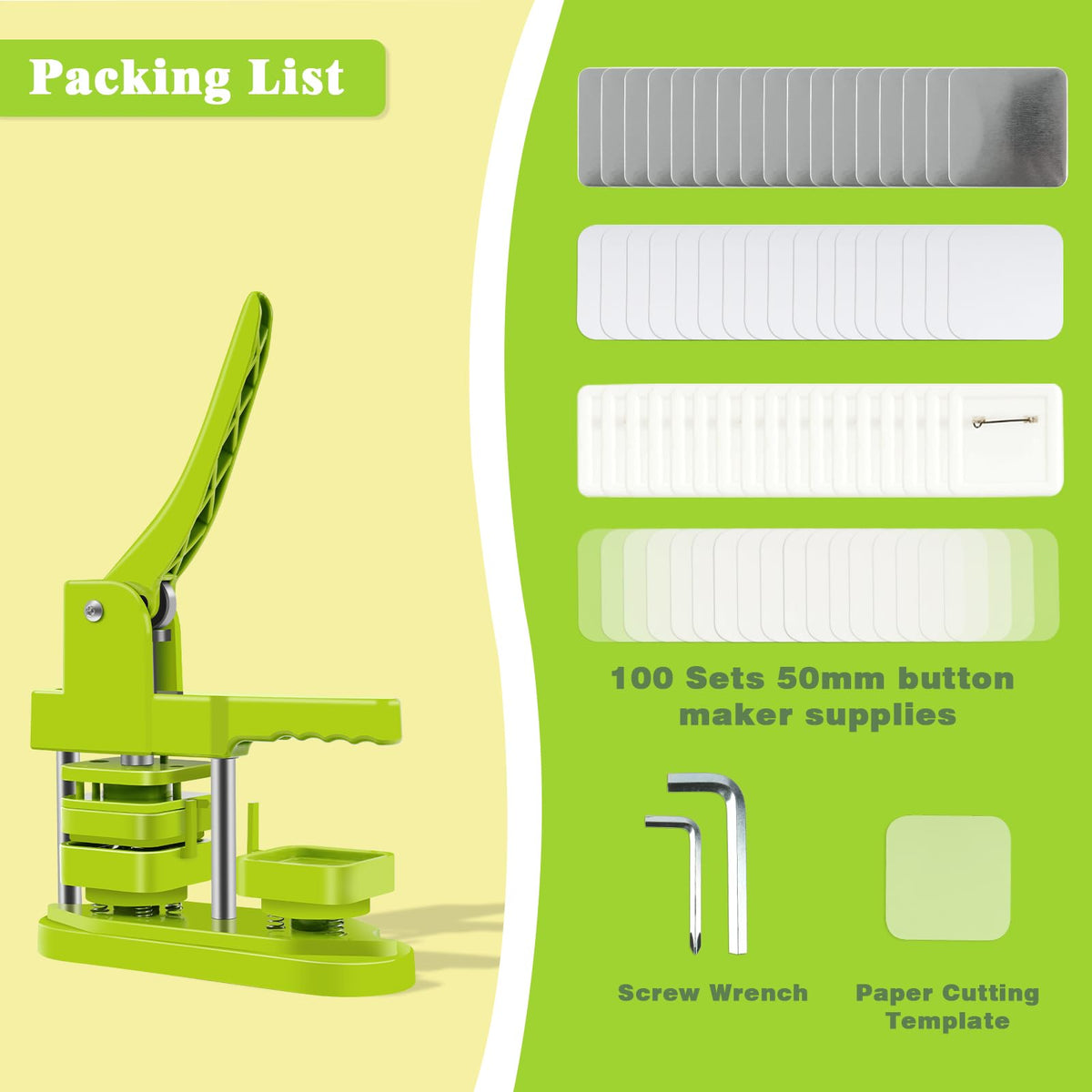 Happizza Square Button Maker Machine, Installation-Free Pin Maker Machine 50mm/1.97in, Square-Shaped Pin Badge Button Press Machine with 100pcs Button Maker Supplies, DIY Pin Maker Machine Kit