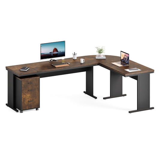 LITTLE TREE 83 Inch L-Shaped Office Desk with Drawers, Large Executive Office Desk with Storage, Wooden Computer Desk with File Cabinet, Modern Work Desk for Home Office, Brown