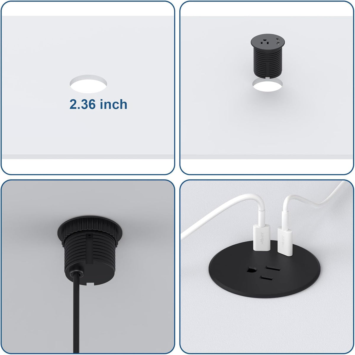 Haylink Grommet, 2X 20W 6.56FT 2.36"(60mm) Desk Power Recessed Power Strip with AC Outlet & PD USB C | Cable | Cut