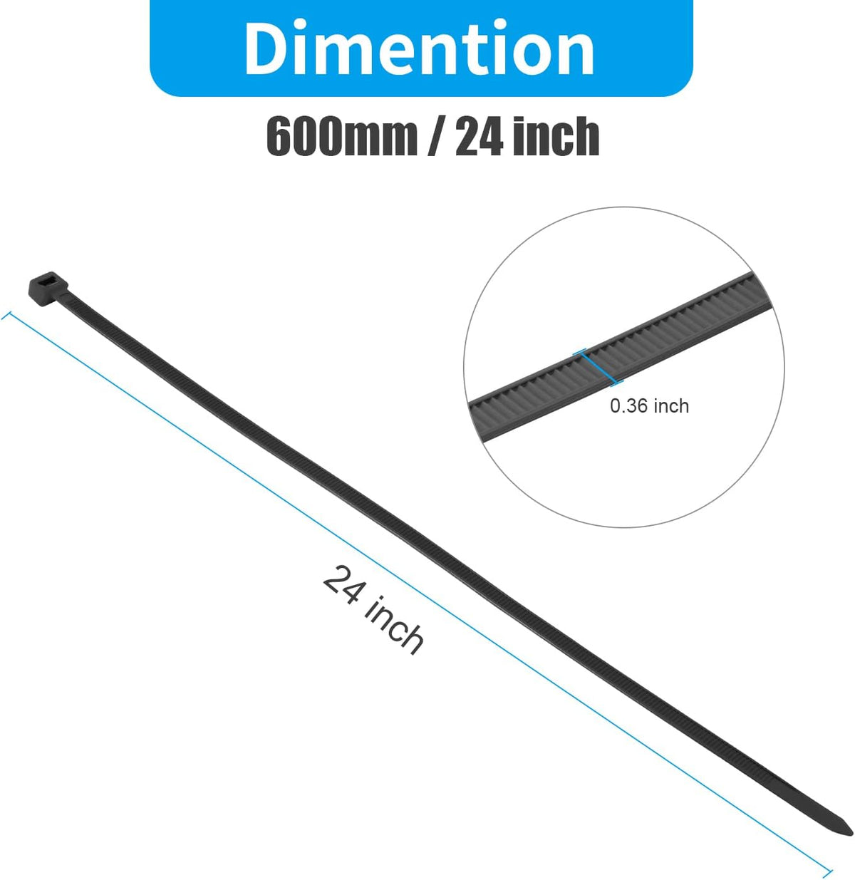 24 inch 100 200LBS XINGO Black Long Zip Ties Heavy Duty PCS, Ultra Strong Plastic Wire Ties, Large Cable Ties Extra