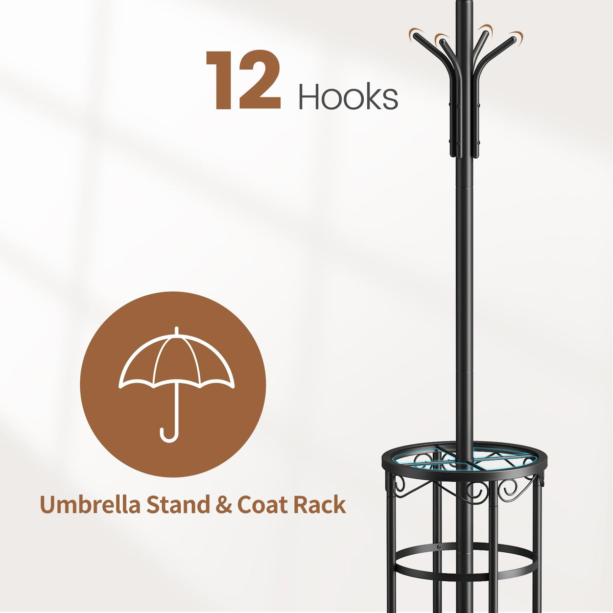 FILWH Coat Rack Freestanding with Umbrella Stand Coat Rack Stand with 12 Hooks Metal Coat Tree Coat and Hat Hanger Jacket Entryway(Black)