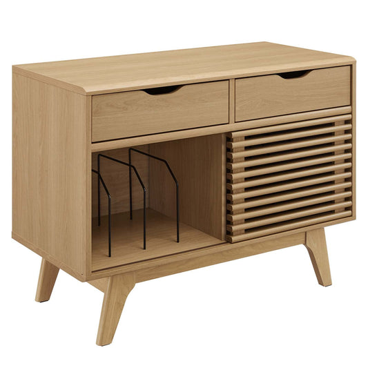 Modway Render Mid-Century Modern 37" Vinyl Record Display Stand with Drawers in Oak