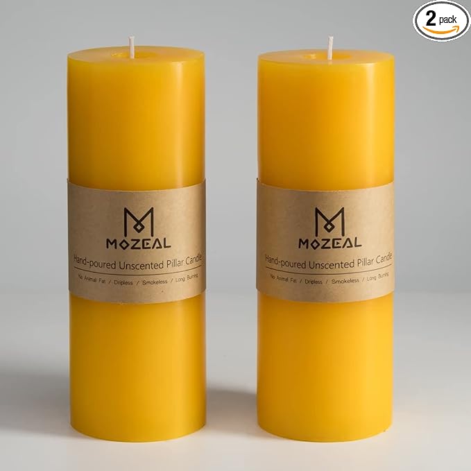 MOZEAL 3" x 8" Hand-Poured Unscented Large Candle,Smokeless Rustic Pillar Candle Set of 2,Slow Burn,No Drip,Approx 150 Hours Burning,Wedding,Dinner,Christmas and Home Decorative,Tall Yellow Candle