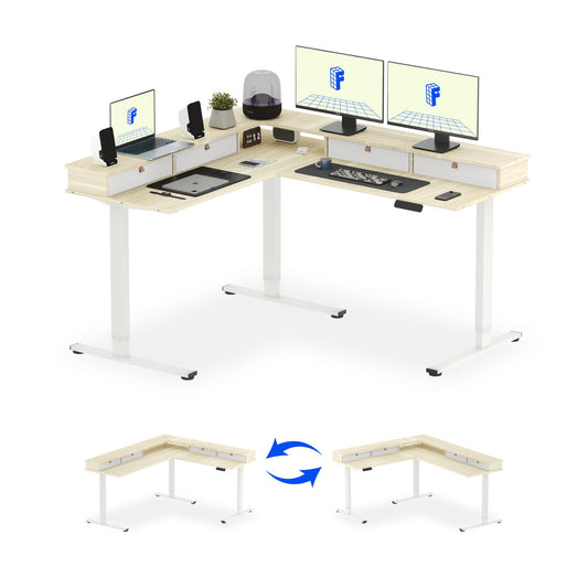 FLEXISPOT 63" L Shaped Standing Desk with Shelf Electric Corner Table, Drawers, Adjustable Computer Workstation for Home, Office, 63x55in, Light Maple Top + White Frame