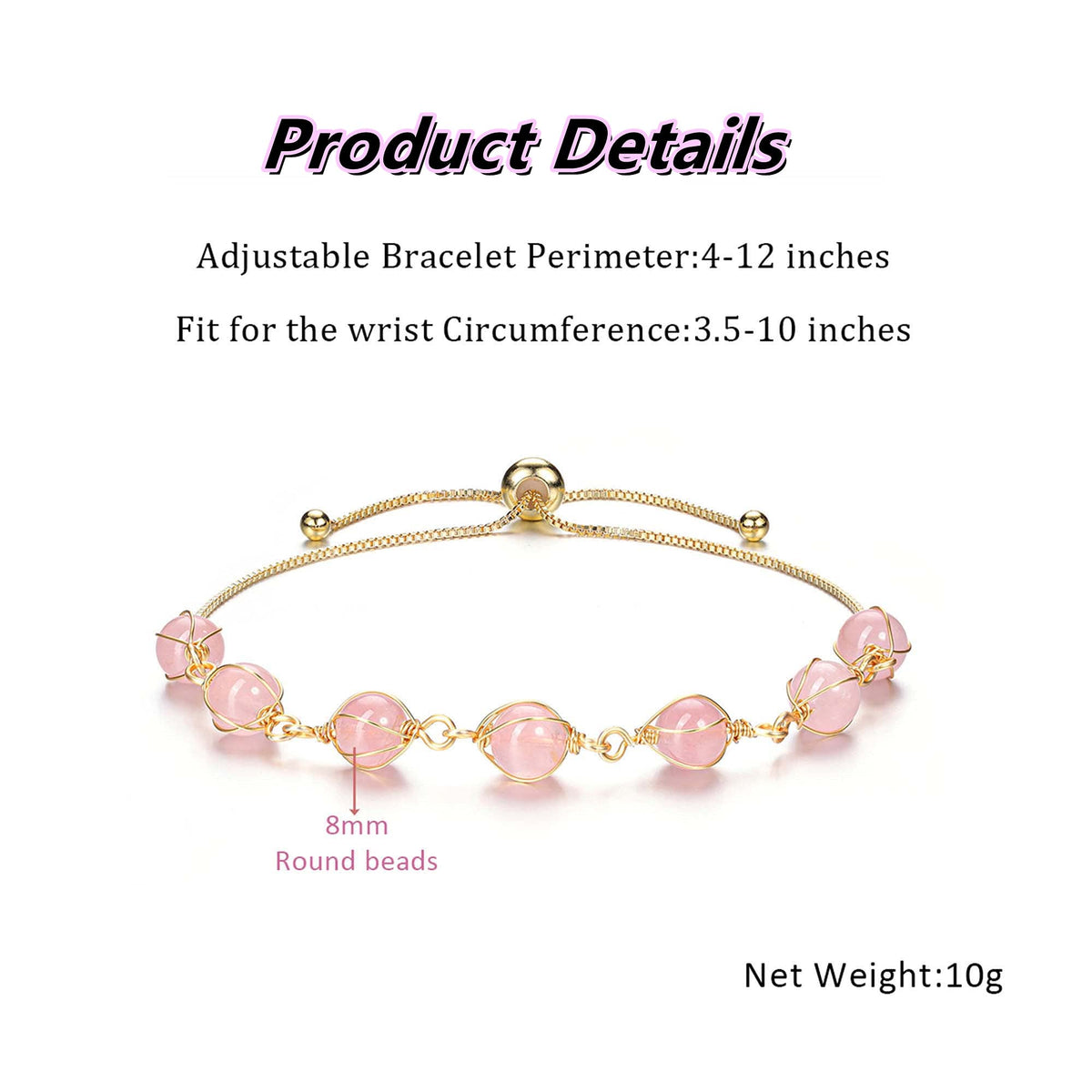 PESOENTH Rose Quartz Crystal Healing Bracelet for Women Natural Crystal Gemstone Beads Anxiety Stone Spiritual 14K Gold Bracelet Pink Jewelry gifts for Women