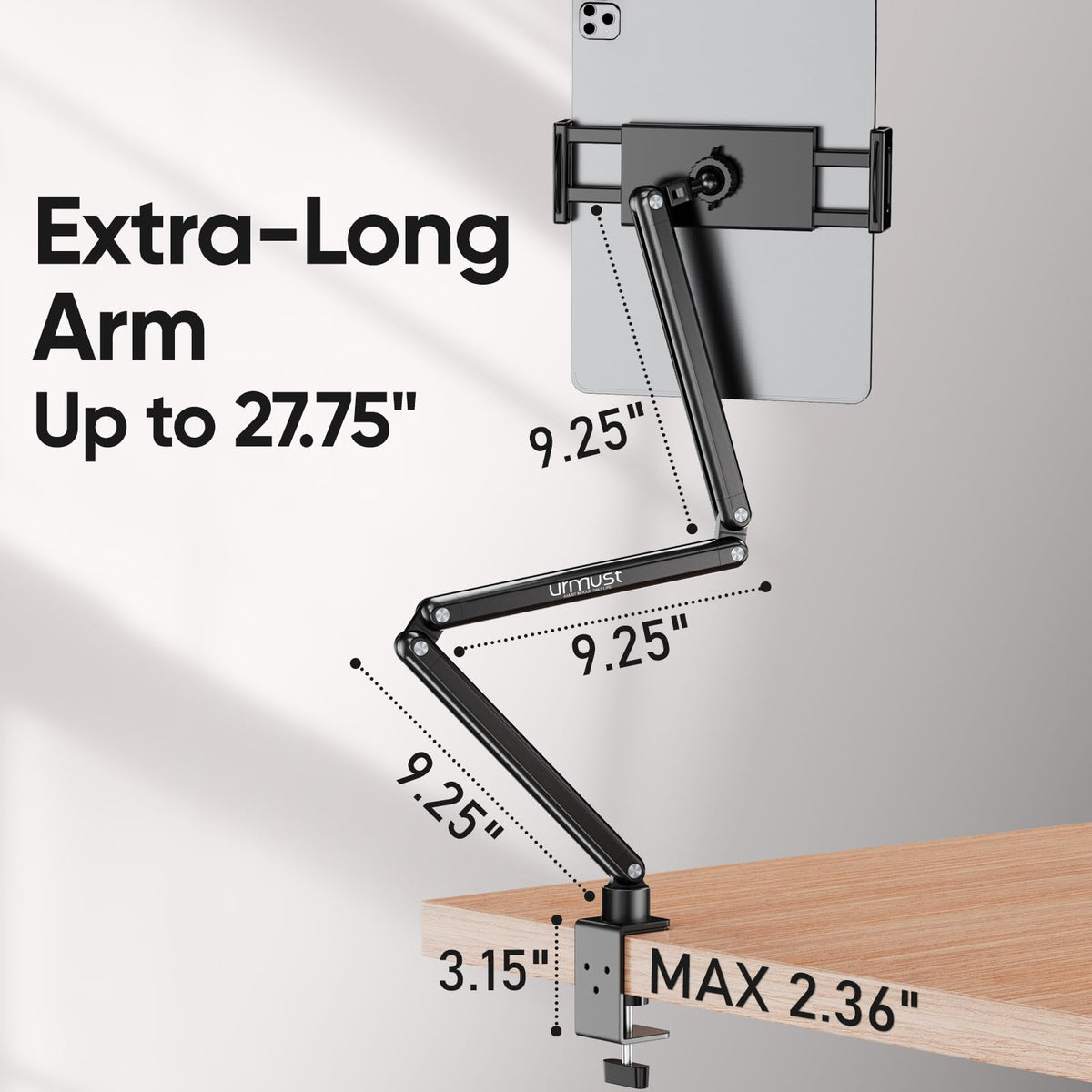 Urmust Tablet Stand for Desk, Adjustable iPad Holder for Bed, 360° Rotation, Sturdy Aluminum Tablet Arm Mount for 4.7"-15.6" iPad Pro/Air/Mini, iPhone, Galaxy Tab, for Kitchen, Work, Video Call