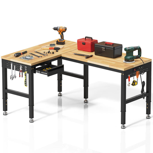 MUWOOD 96”L-Shaped Heavy Duty Work Bench, Heights Adjustable Workbench, 5000 LBS Load Capacity, Work Benches for Garage with Power Outlet & Pegboard, Rubber Wood Work Table for Office, Workshop, Home
