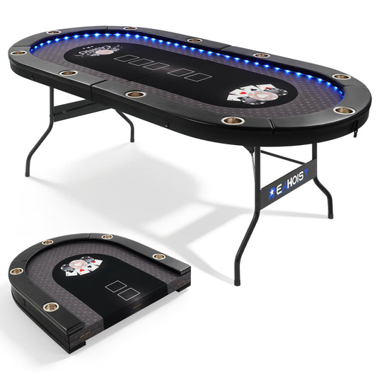REAHOISY LED Poker Table, 84" 10 Player Foldable Texas Holdem Table w/Inlaid LED Light, 2 USB & 2 Type-c Ports, Portable Blackjac for Texas Card Game w/Cup Holders and Padded Rails (Black)