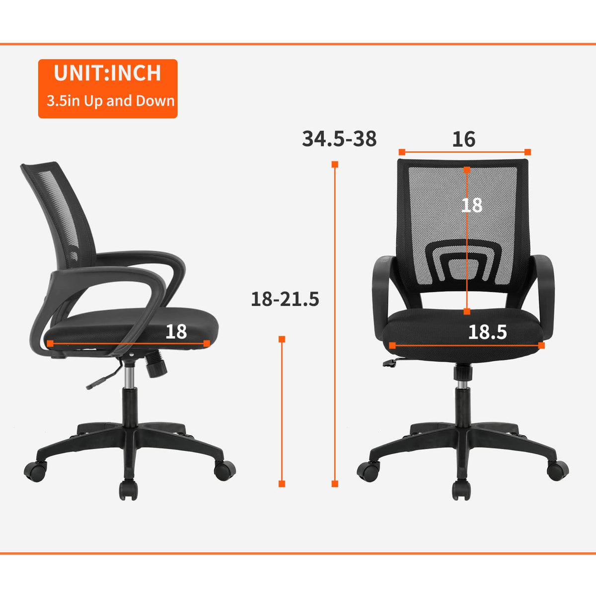 BestOffice | Ergonomic Office Chair | Mid-Back Swivel Desk Chair | Breathable Backrest & Lumbar Support | Adjustable Height | Sponge Seat | Rolling Wheels | Black | for Adults & Women