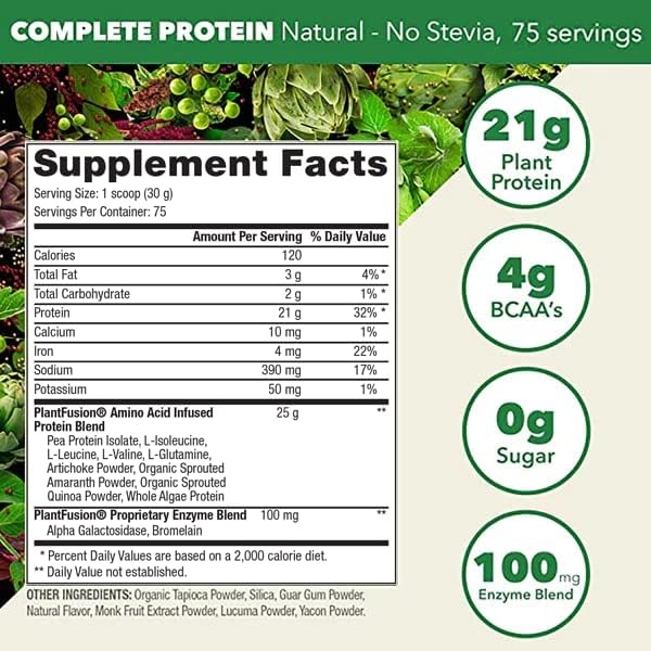 PlantFusion Complete Vegan Protein Powder - Plant Based Protein Powder with BCAAs, Digestive Enzymes and Pea Protein - Keto, Gluten Free, Non-Dairy, No Sugar, Non-GMO - Natural- No Stevia 5 lb Bulk