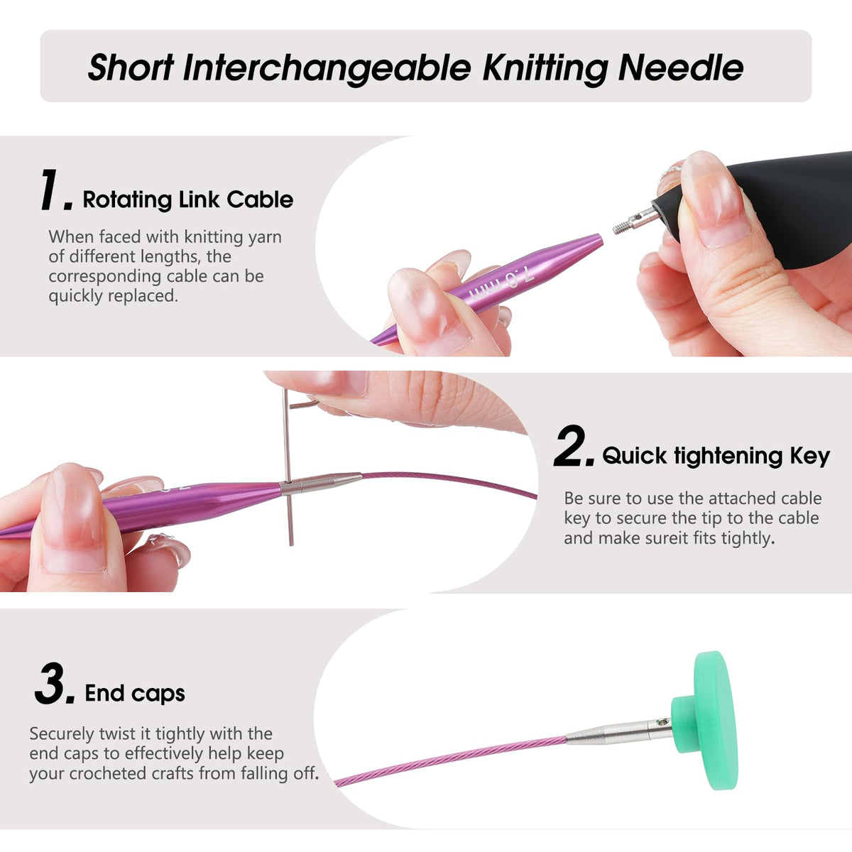 Guclud 2-Inch Short Interchangeable Circular Knitting Needles Set | US 2.5-11 (3.0-8.0mm) | 12-Pair of Metal Small Circular Needles | 4 Cables (6", 8", 12", and 16"), Accessories & Case