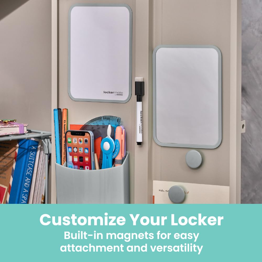 LockerMate by Bostitch 7-Piece Locker Organizer Kit, Includes Locker Shelf, Mirror, Whiteboard, Storage Cup & Dry Erase Marker - Gray