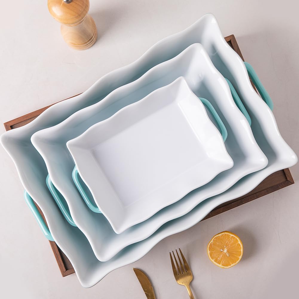 Sweejar Casserole Dishes - Ceramic Bakeware Set of 3 with Handles | Rectangular Wave Edge Lasagna Pan (Turquoise)