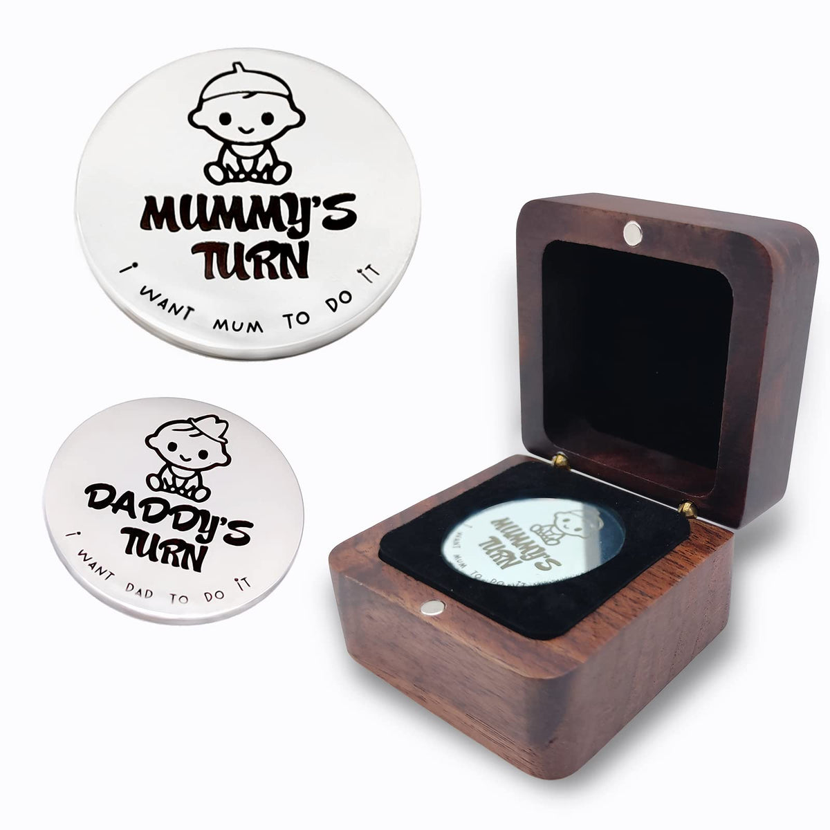 New Baby Gifts for New Parents Mom Daddy Funny Double-Sided Silver Decision Coin with Handmade Wooden Box Pregnant Gifts for First Time Moms Keepsake for Baby Memory