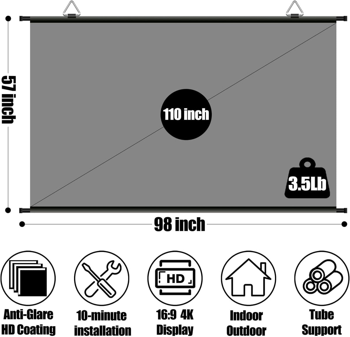XIAOHUI 110 inch 3 4K 16:9 Projector Screen, Portable Movie Projector Screen for Outdoor Indoor with pcs Adhesive Hook