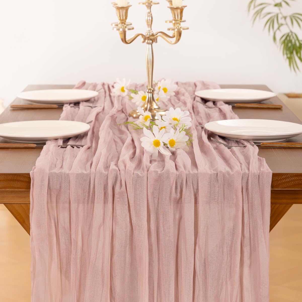 Socomi 6-Piece Pink Cheesecloth Table Runner Set - Rustic Boho 120-Inch for Weddings & Events