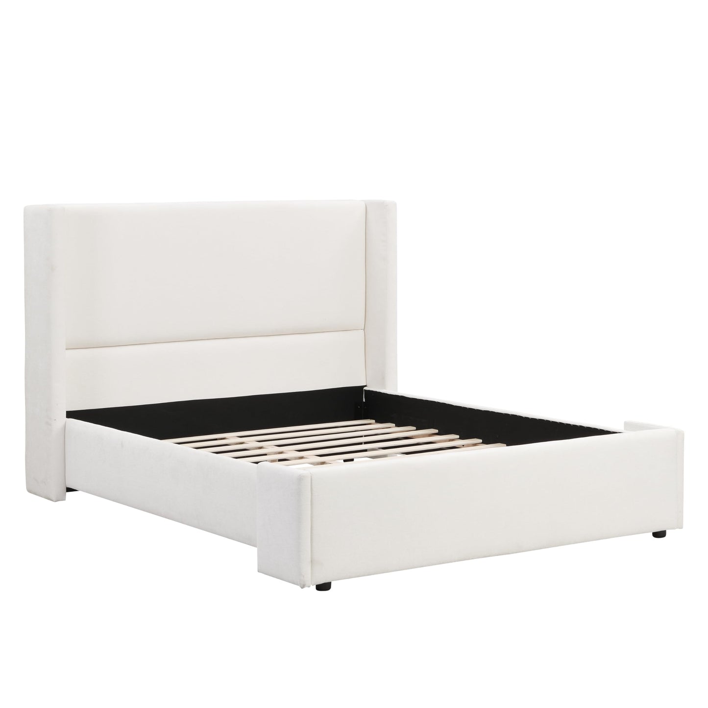 Merax Queen Size Bed Frame, Elegant White Upholstered Platform Bed with 41.1" Tall Wingback Headboard for Bedroom, Solid Wood Slats Support, No Box Spring Needed, Easy Assembly