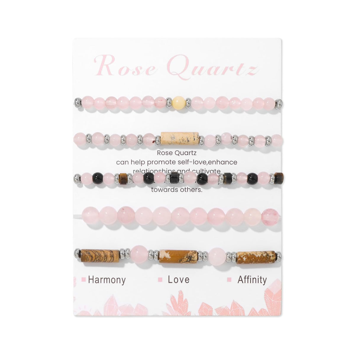 Lit Wall 5Pcs Rose Quartz Bracelet Set: 4mm Stackable Pink Crystal Beaded Bracelets for Women