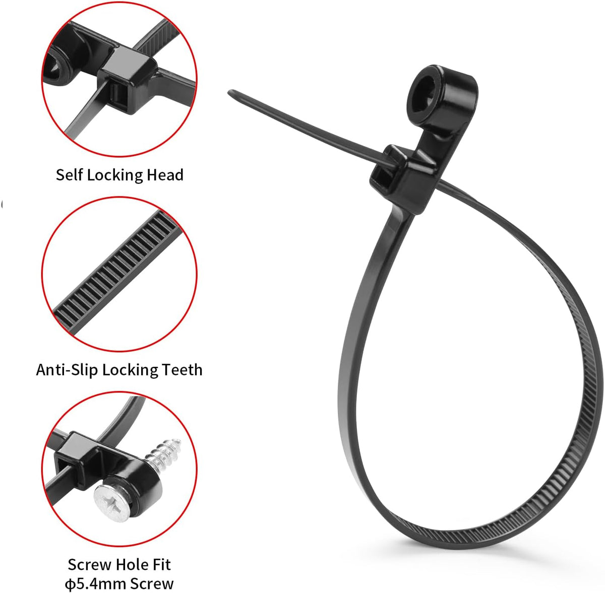 MasiStranth 200 12 inch 75lbs PCS Black Zip Ties with Screw Hole Mountable head Cable Ties Straps Multipurpose Heavy