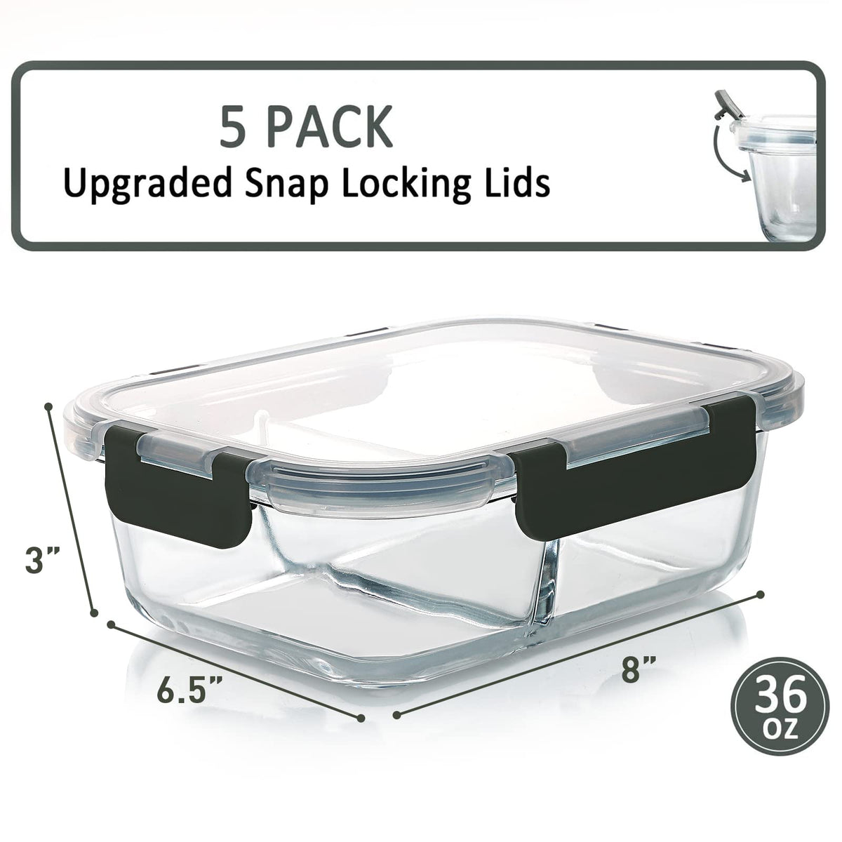 M MCIRCO [5-Pack,36 Oz] Glass Meal Prep Containers 2 Compartments Portion Control with Upgraded Snap Locking Lids Glass Food Storage Containers, Microwave, Oven, Freezer and Dishwasher (4.5 Cups)