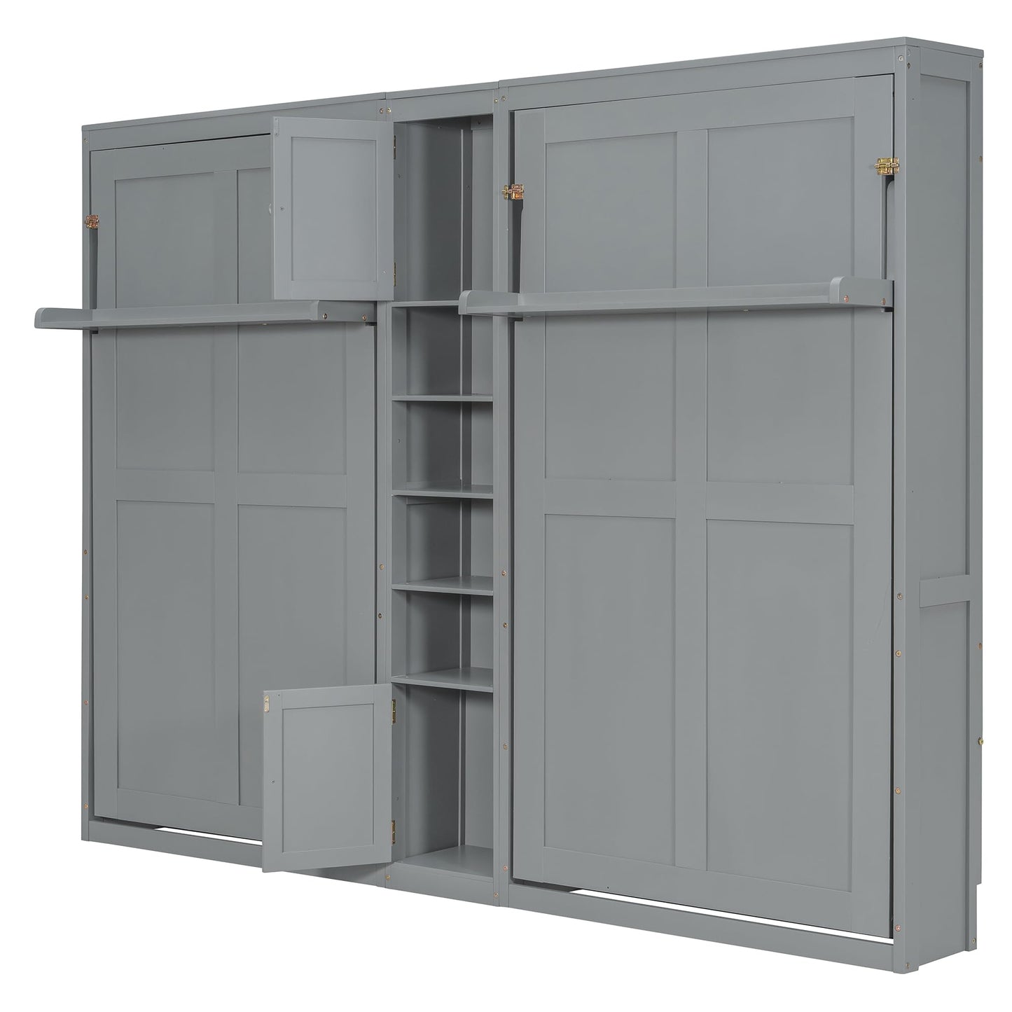 Merax Twin Murphy Bed with Storage Cabinets and Shelves, Dual Twin Wall Bed with Convertible Shelf Legs, Space Saving Foldable Bed for Small Rooms, Guest Room, Gray