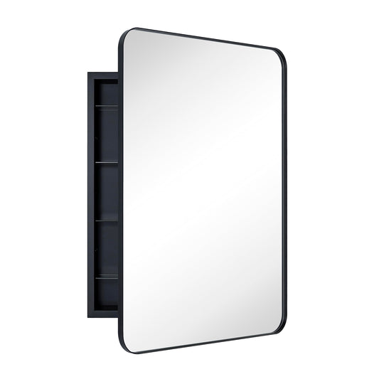 EGHOME Matt Black Rectangle Recessed Bathroom Medicine Cabinet with Mirror Stainless Steel Metal Framed Rounded Rectangular Bathroom Cabinet with Mirror 24x36''