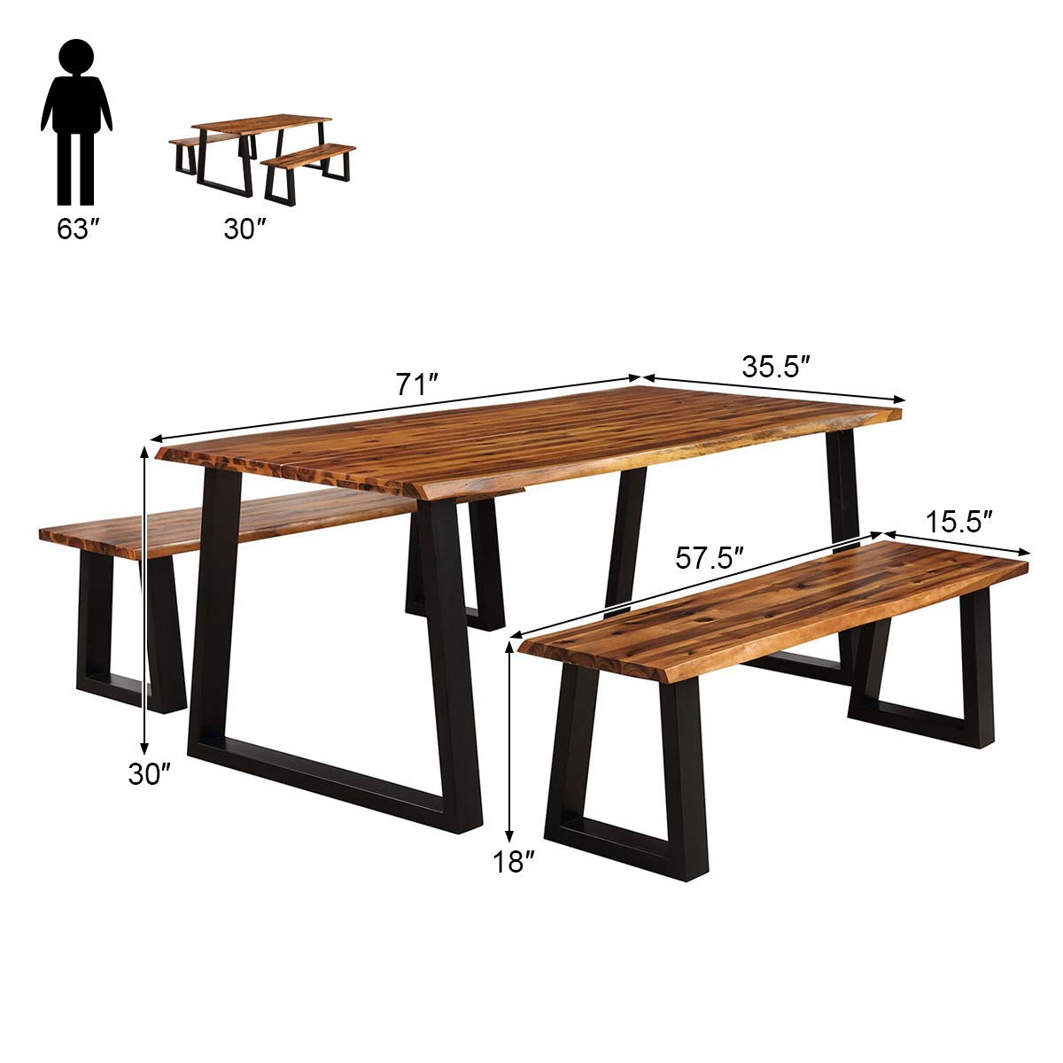 Giantex 3PCS Wooden Dining Set Bench Chair Rustic Indoor &Outdoor Furniture (Rustic Brown&Black)