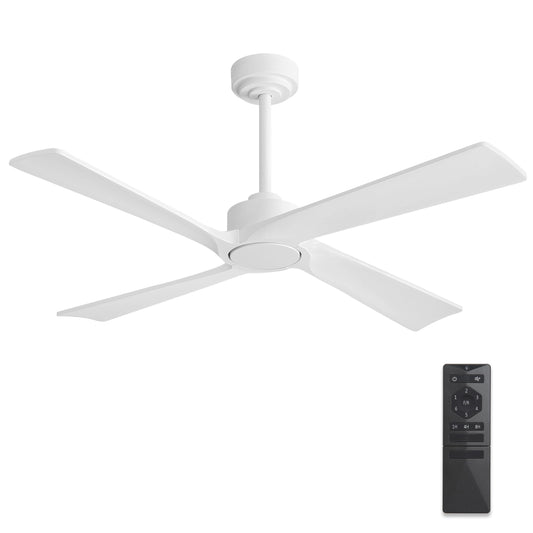 WINGBO 54 Inch DC Ceiling Fan Without Lights, 4 Carved Solid Wood Blades, 6-Speed Reversible DC Motor, Modern Ceiling Fan No Light for Indoor and Outdoor, Gloss White, ETL Listed
