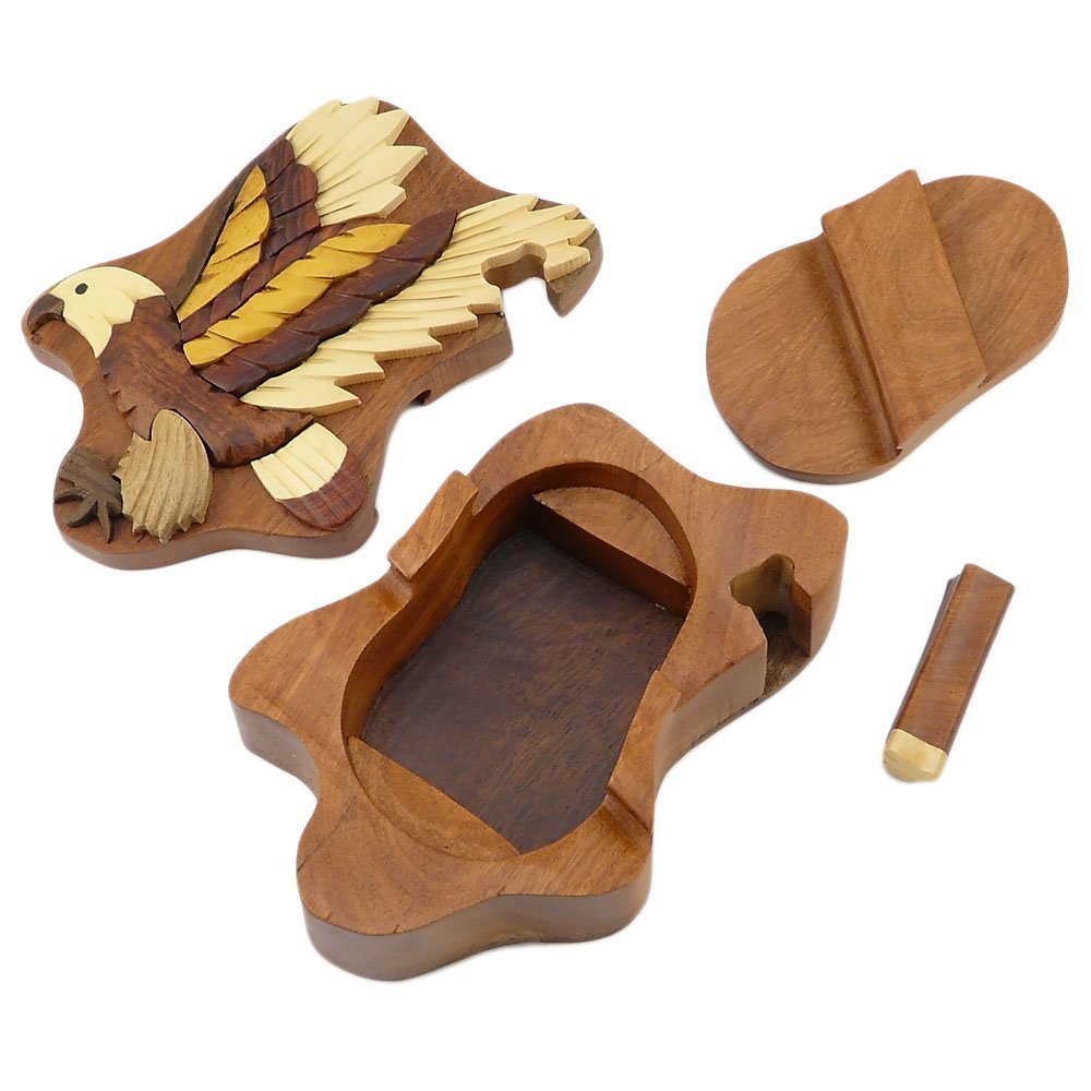 Flying Eagle - Natural Wood Intarsia Puzzle Box - Handcrafted with Secret Compartment