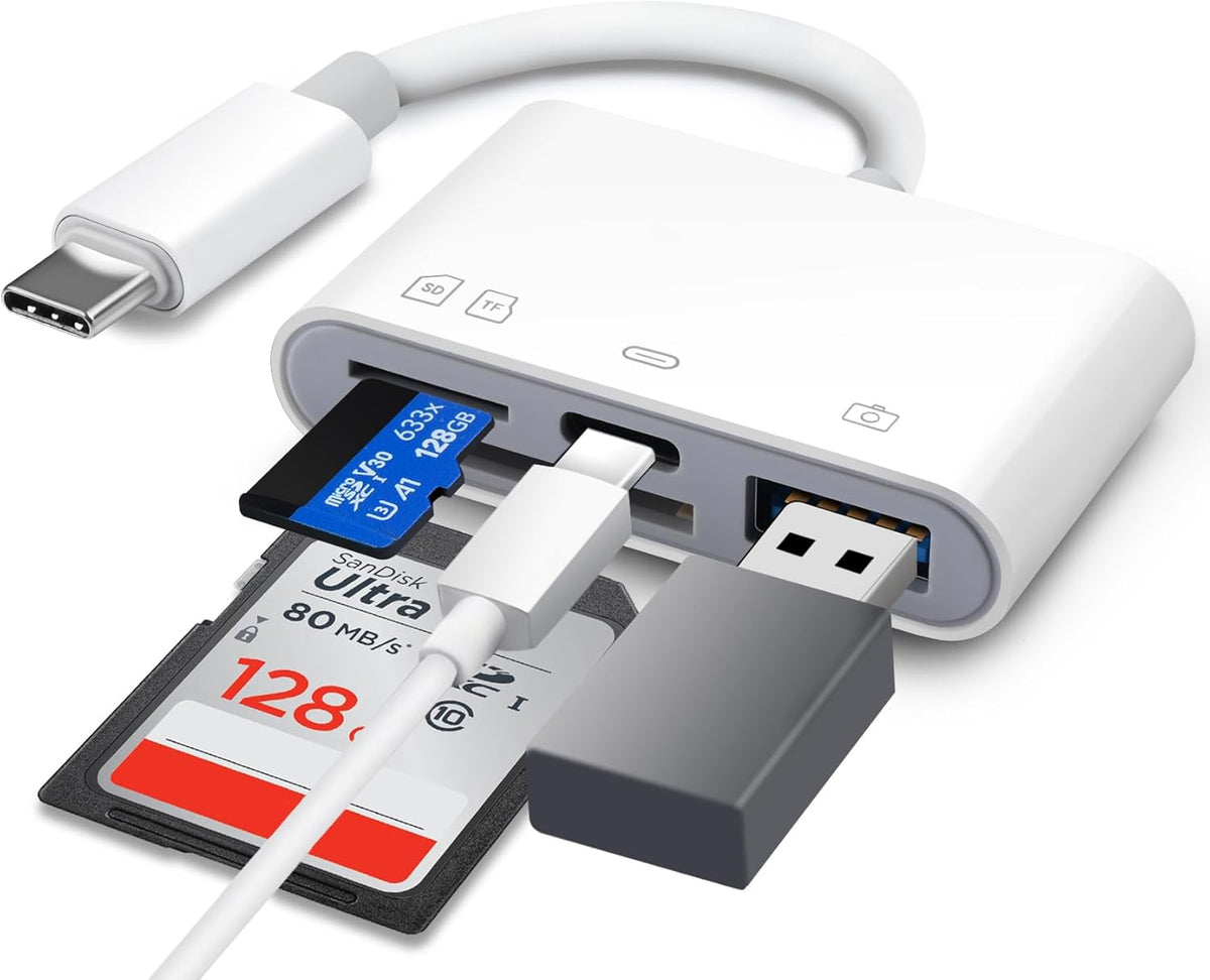 WZDYFL 15-17, 4-in-1 3 SD Card Reader for iPhone USB C SD Card Reader iPhone with SD/TF/USB-A Slots & Charging Port