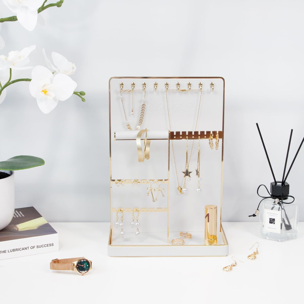 KAMIER Jewelry Organizer Stand Holder - 4 Tier Cute Necklace Holder Stand Rack with 10 Hooks - Aesthetic Jewelry Storage Rack Tree for Teen Girl Room Decor -White