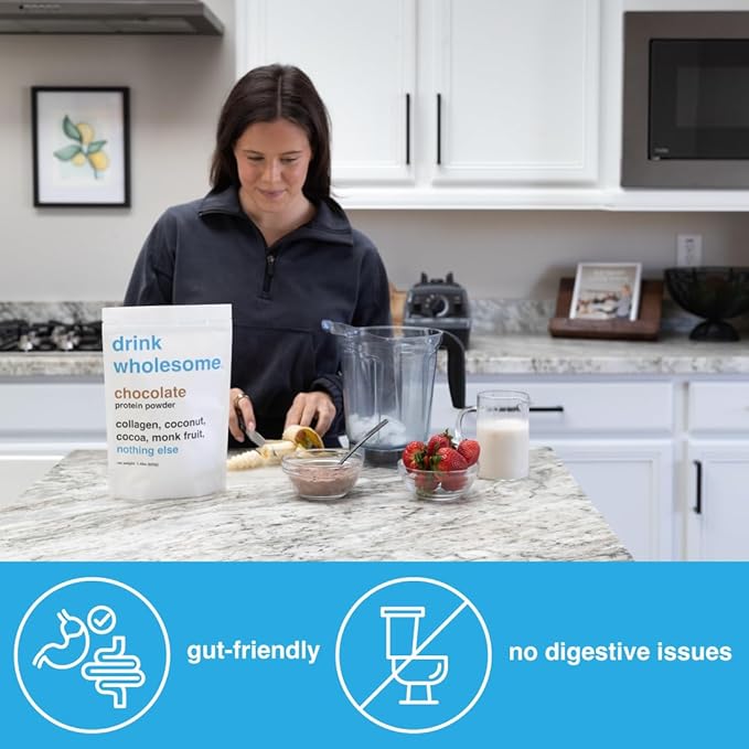 drink wholesome Chocolate Collagen Protein Powder | for Sensitive Stomachs | Gut Friendly | Additive & Dairy Free | No Artificial Sweeteners | No Bloating, Farts or Gas | No Constipation or Diarrhea
